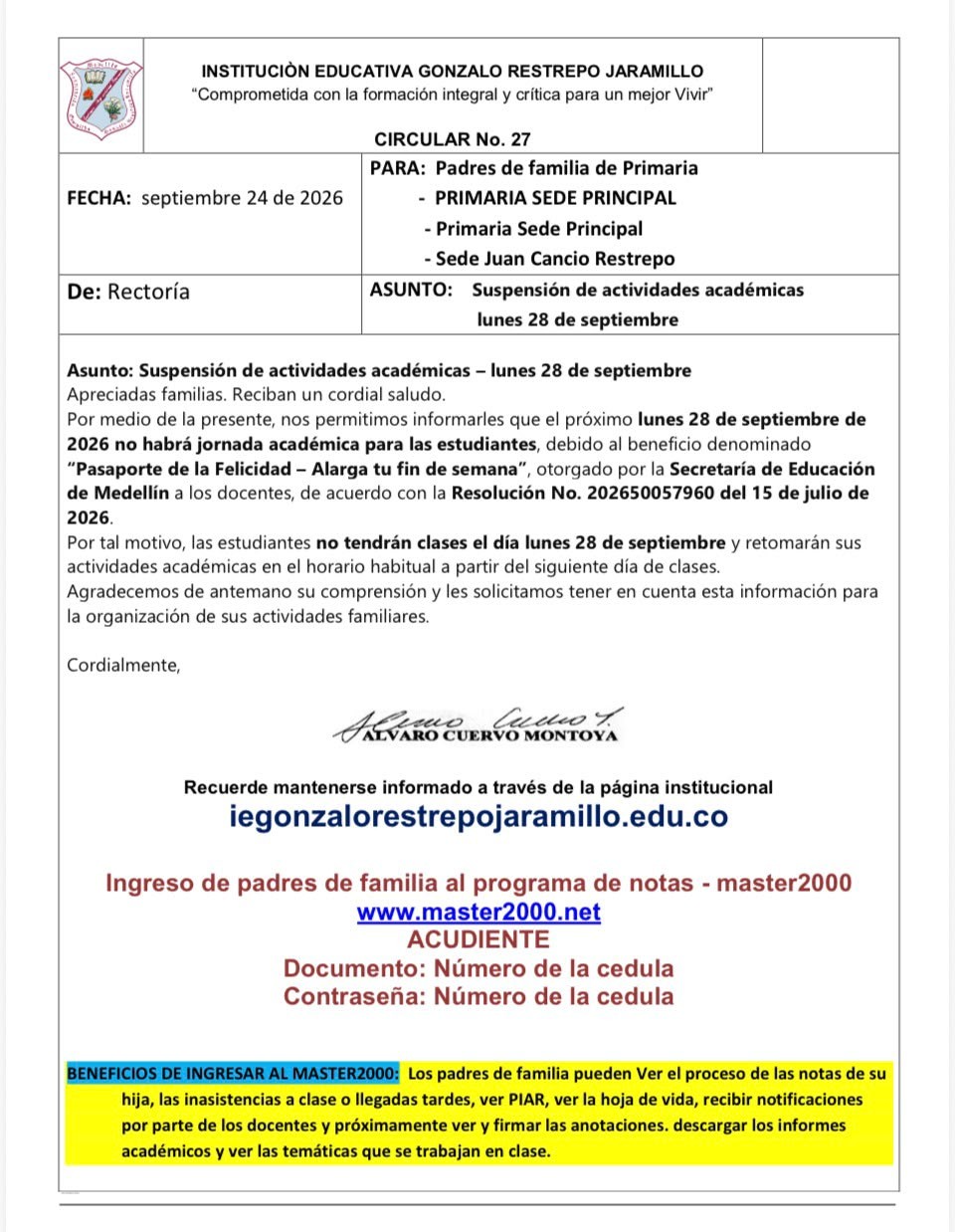 Circular 27 No hay clases el lunes 28 de septiembre